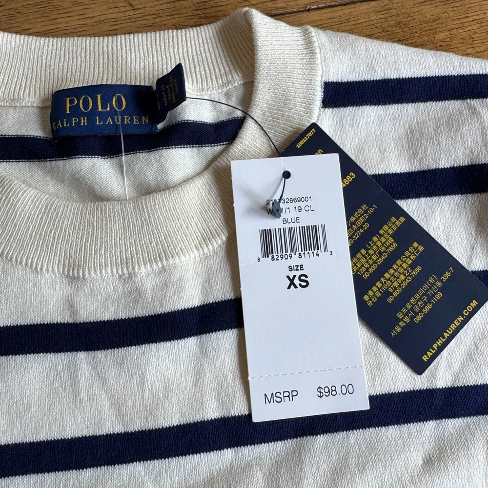 Polo Ralph Lauren Striped Cotton Blend Crew Neck Short Sleeve Sweater NWT XS - Picture 7 of 10